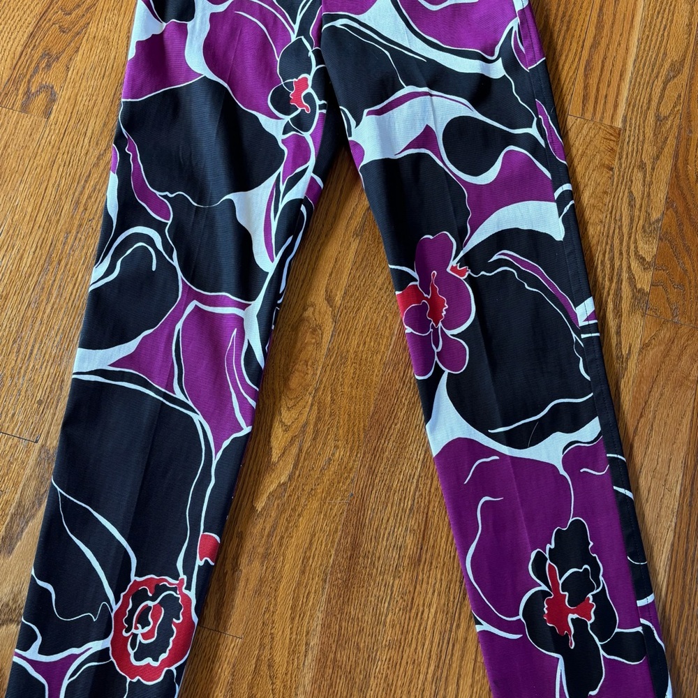 Trina Turk Women’s Pants - Purple, Black, and Red Floral Size 2 NOT